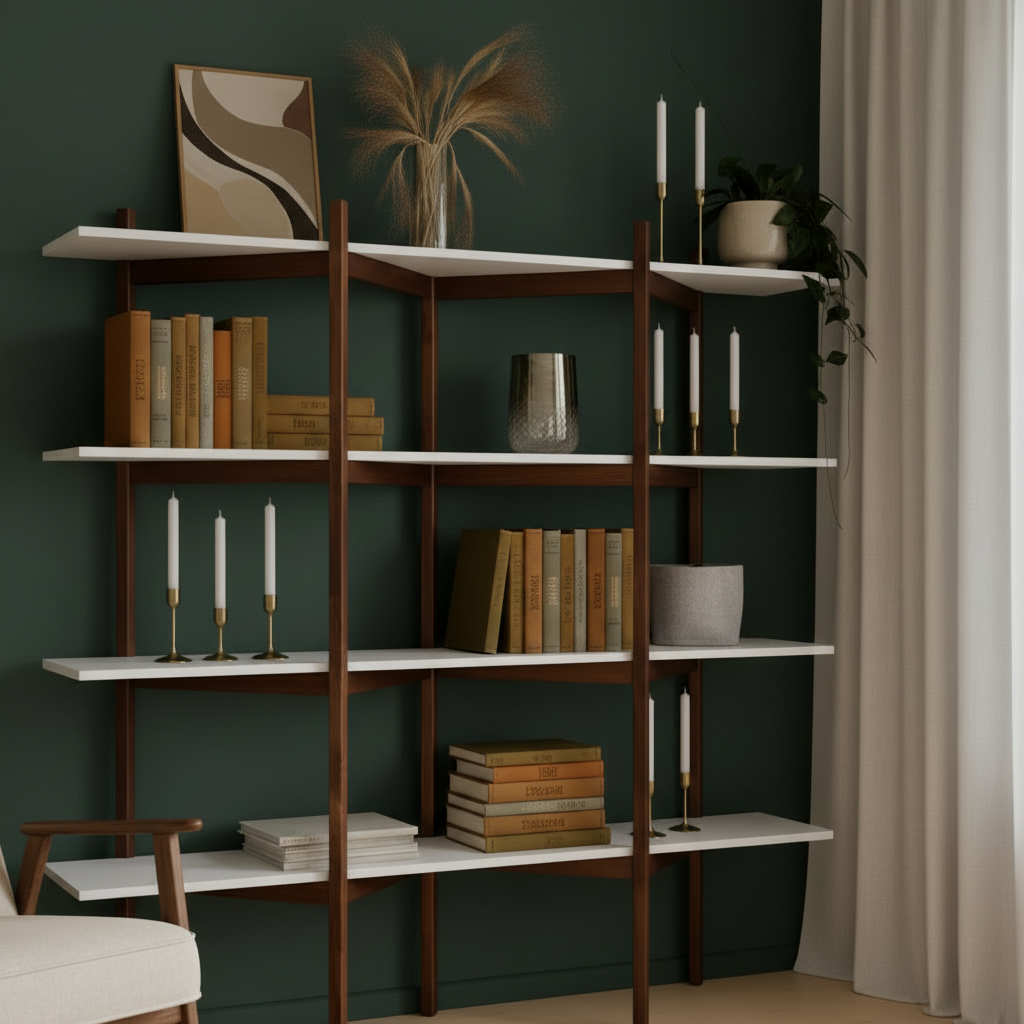 A close up shot of the shelf from subject 1 highlighting the details of the shelves and their dec