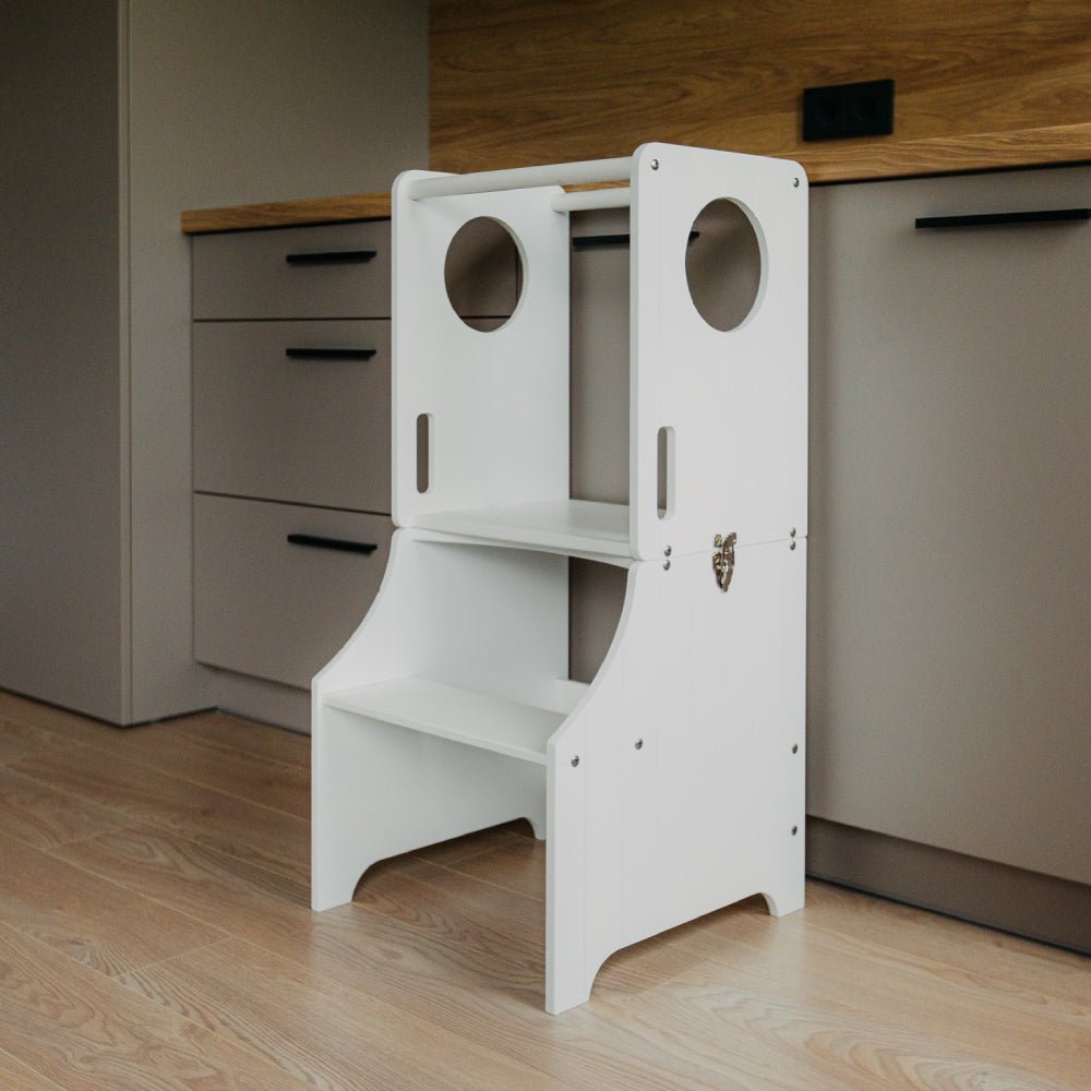Foldable Kitchen Tower With a Slide - Duck Woodworks