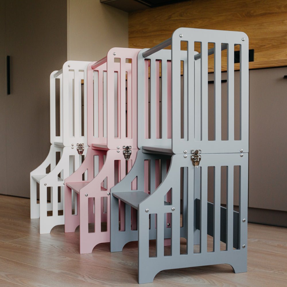 Foldable kitchen tower with slide (striped collection) - Duck Woodworks