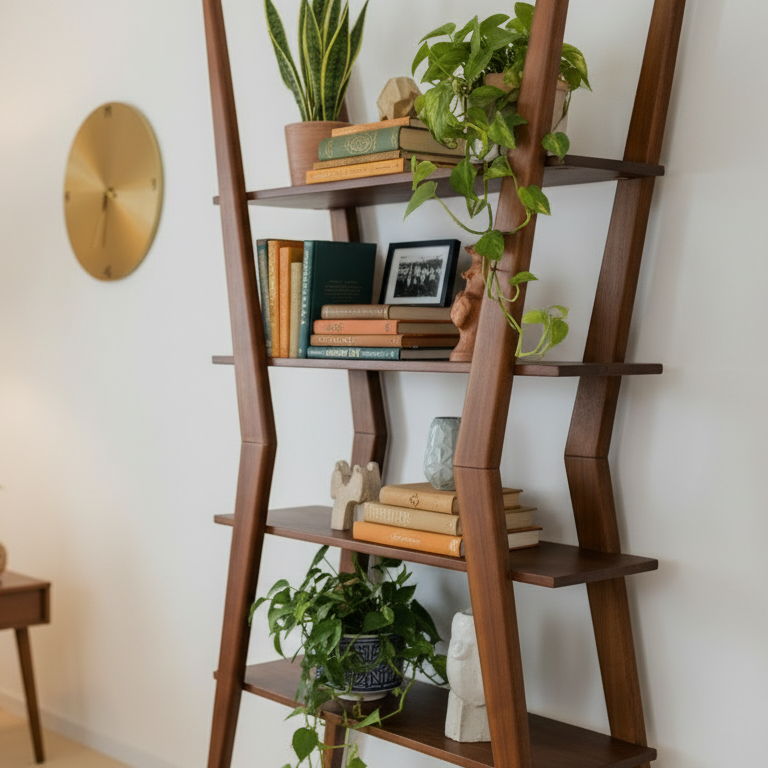 A mid century modern living room featuring the  shelf  filled with various decorative items like boo 3