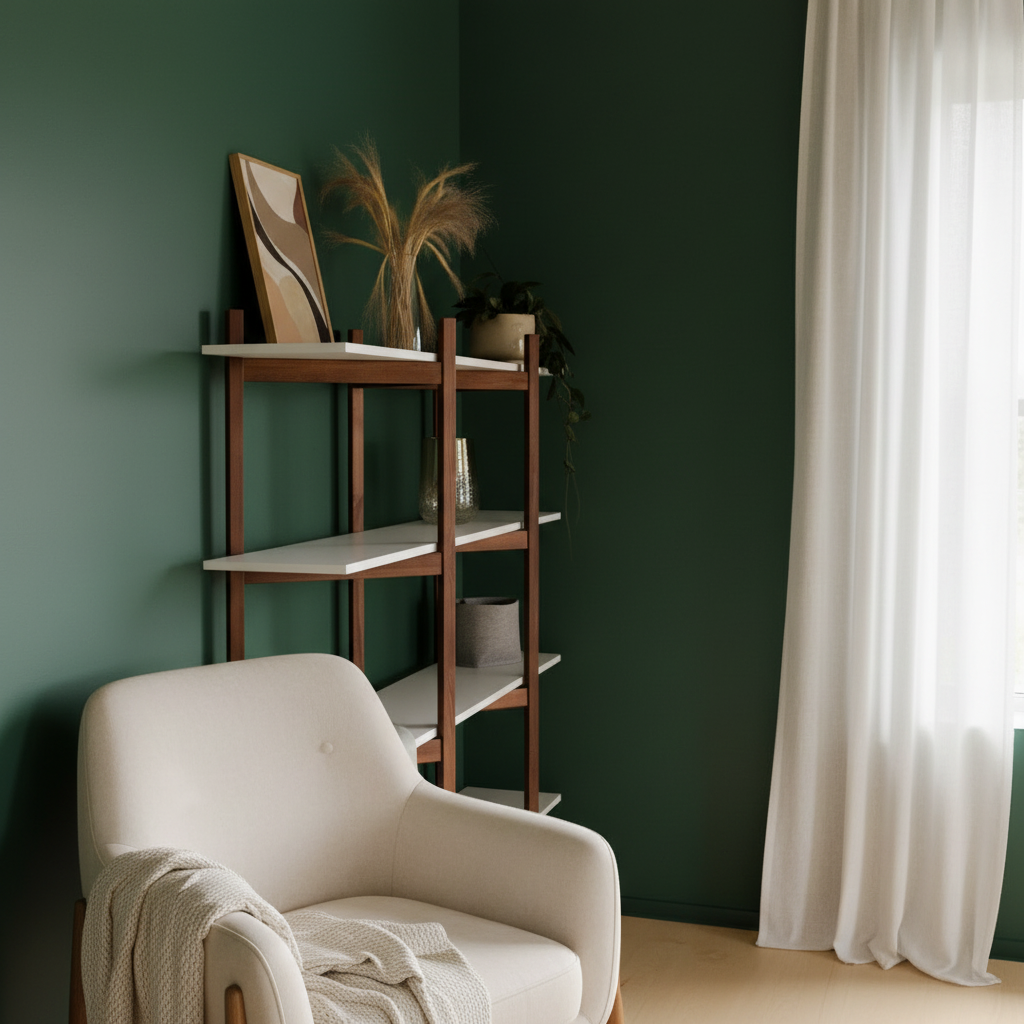 Integrate  subject 1  into a room with a deep green wall  white curtains  and a soft cream colored c 2