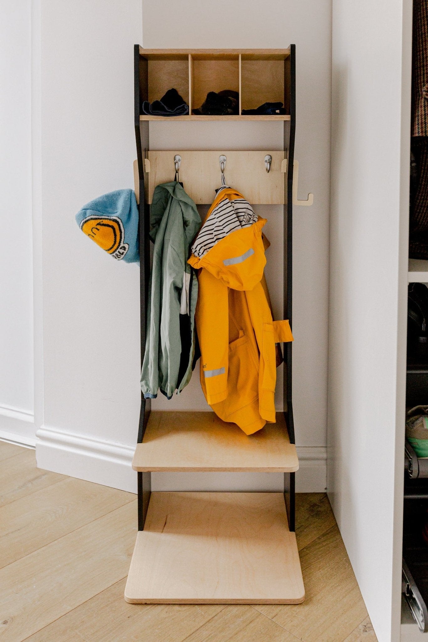 Children's Outwear Organizer – Sturdy Wood Frame Wardrobe - Duck Woodworks